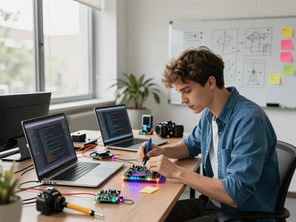 Un ingénieur travaillant sur un projet électronique innovant avec Atlas pro dans un espace de travail moderne.