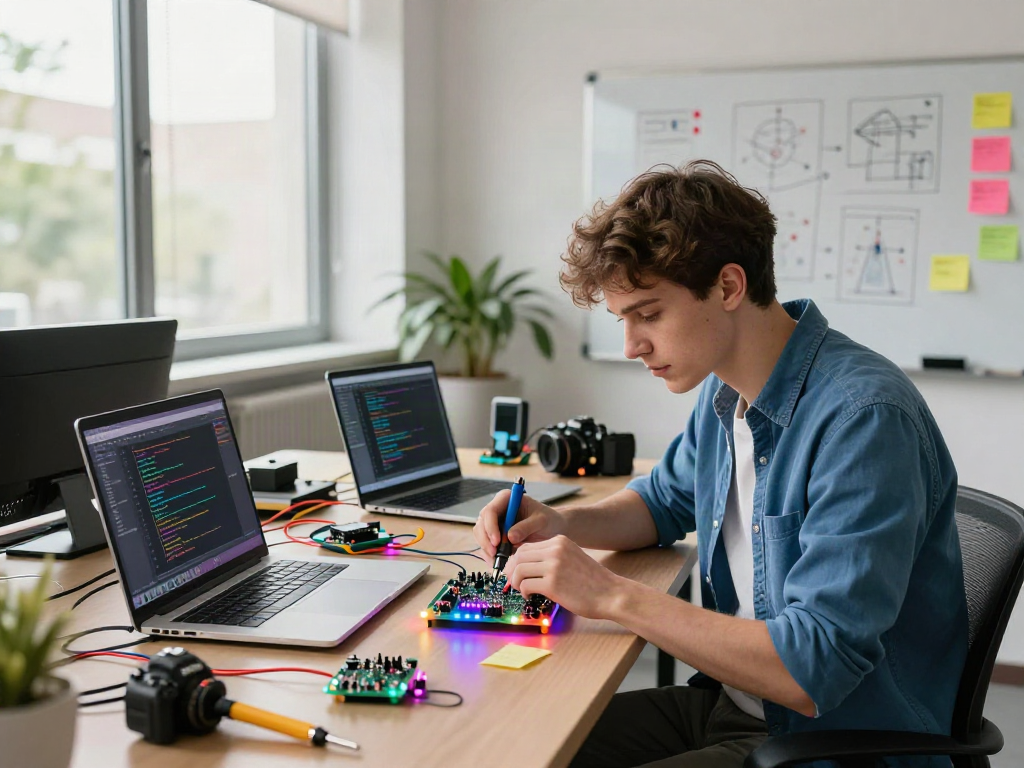 Un ingénieur travaillant sur un projet électronique innovant avec Atlas pro dans un espace de travail moderne.