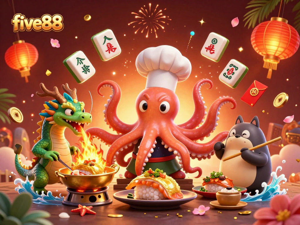 Experience the excitement of five88 casino with a vibrant 3D scene featuring colorful characters and golden gaming elements.