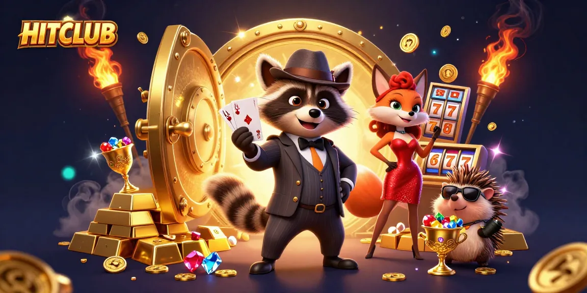 Join the action in HITCLUB's vibrant casino scene featuring a raccoon, fox, and hedgehog with treasures.
