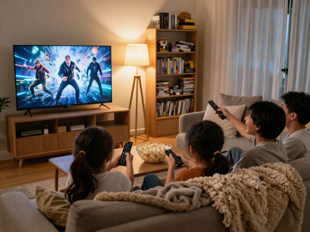 Soirée de cinéma familiale avec Iron tv pro dans un salon chaleureux