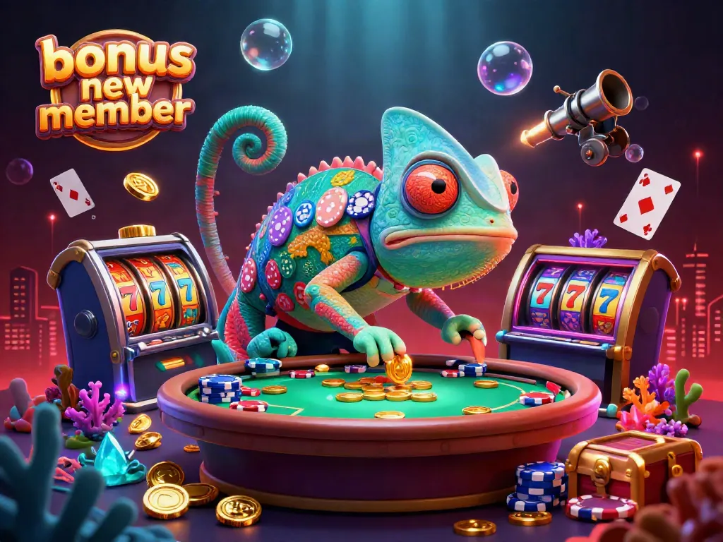 Engaging 3D casino scene showcasing the bonus new member chameleon owner, slot elements, and treasure.