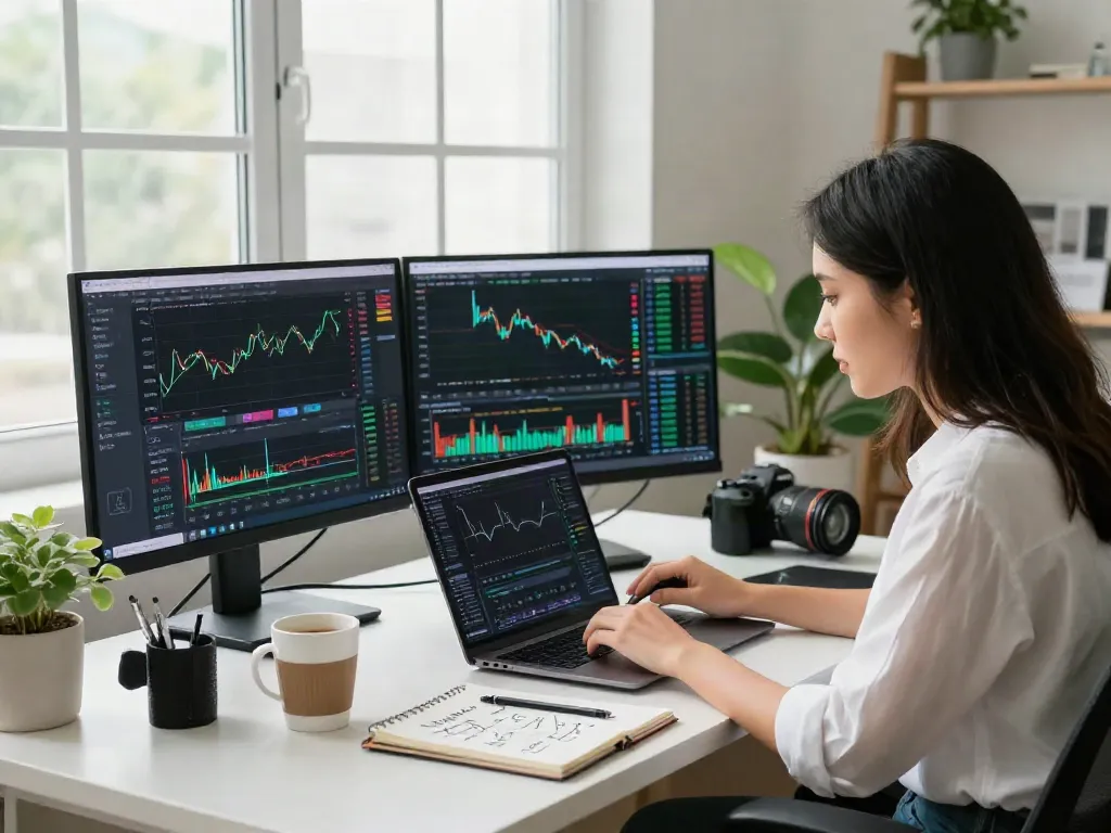 Analyse des tendances de trading sur la-essorinvexaro.com dans un bureau moderne, femme concentrée sur son ordinateur.