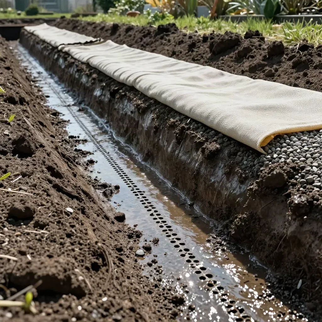 Tranchée drainante avec drain perforé, gravier humide et géotextile crème dans une terre lourde.