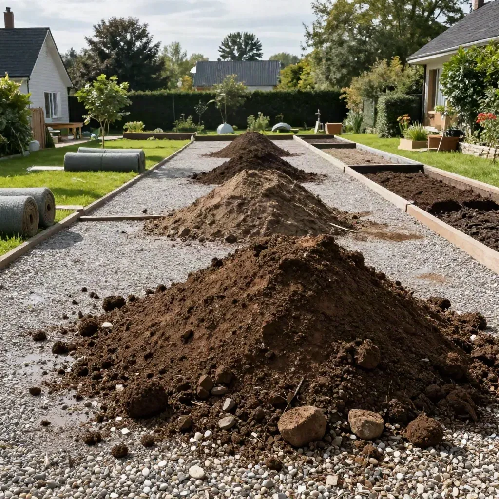 Chantier de jardin après la pluie : terre végétale, gazon, drainage et gravier près d’une maison.