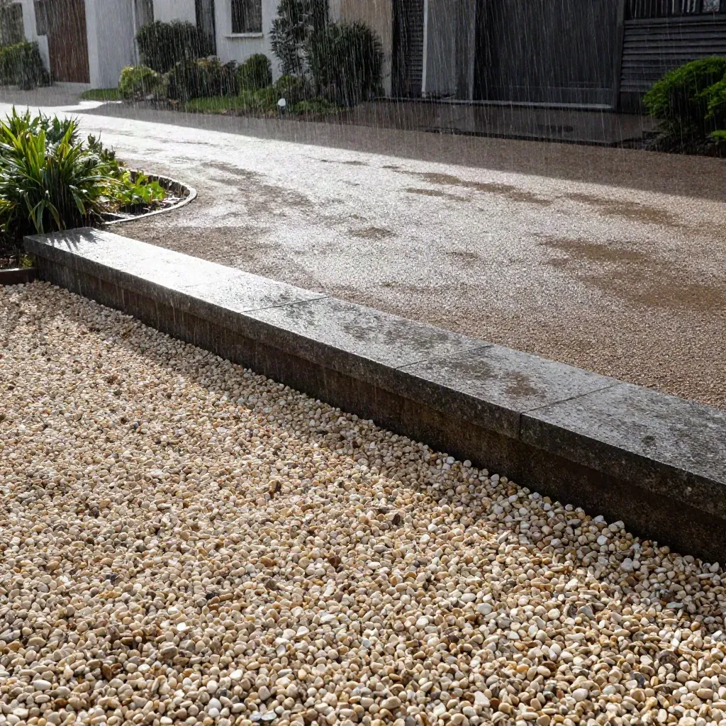 Allée en gravier compacté, bordures nettes et accès propre vers la maison après la pluie.