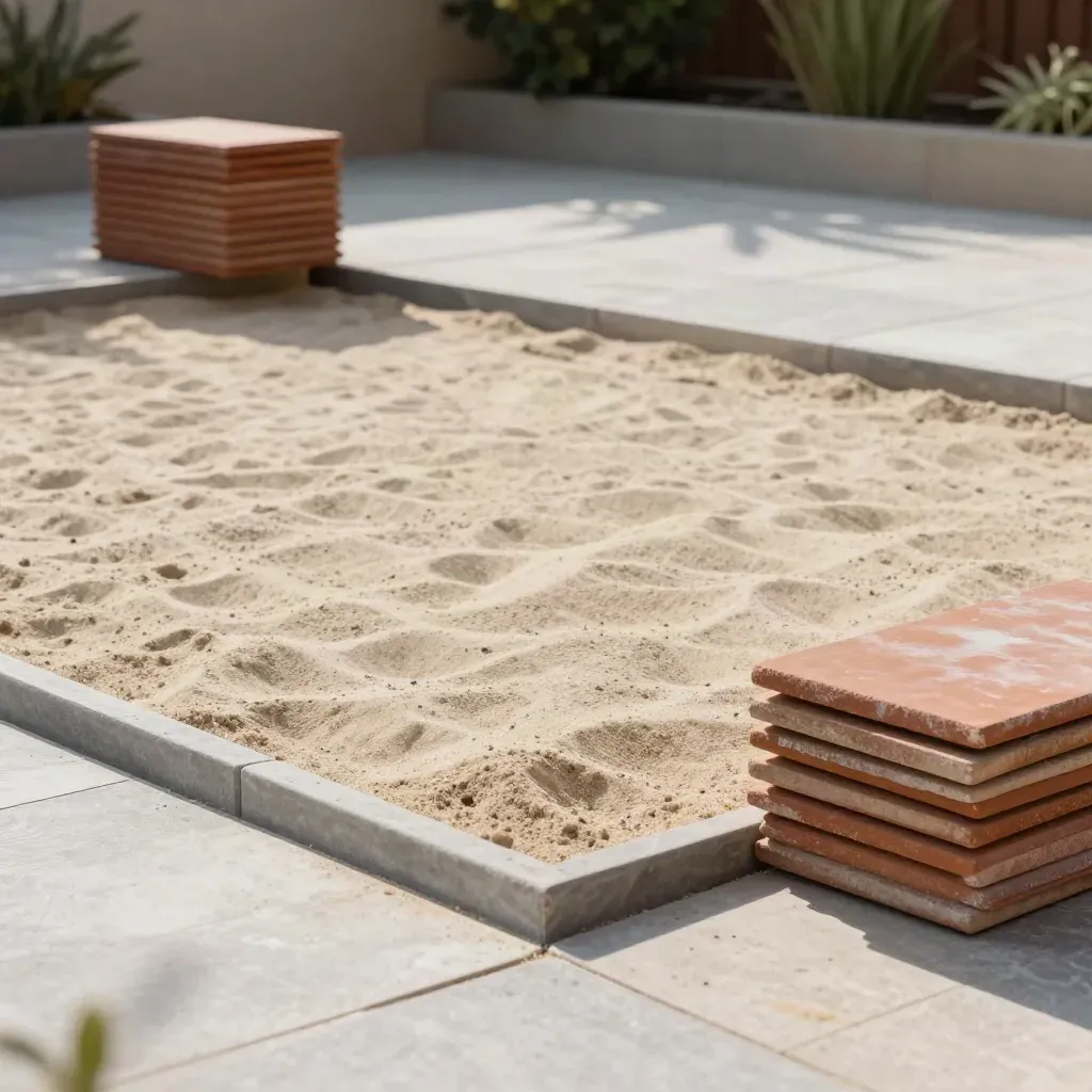 Lit de pose de terrasse préparé, sable tiré à plat et dalles empilées.