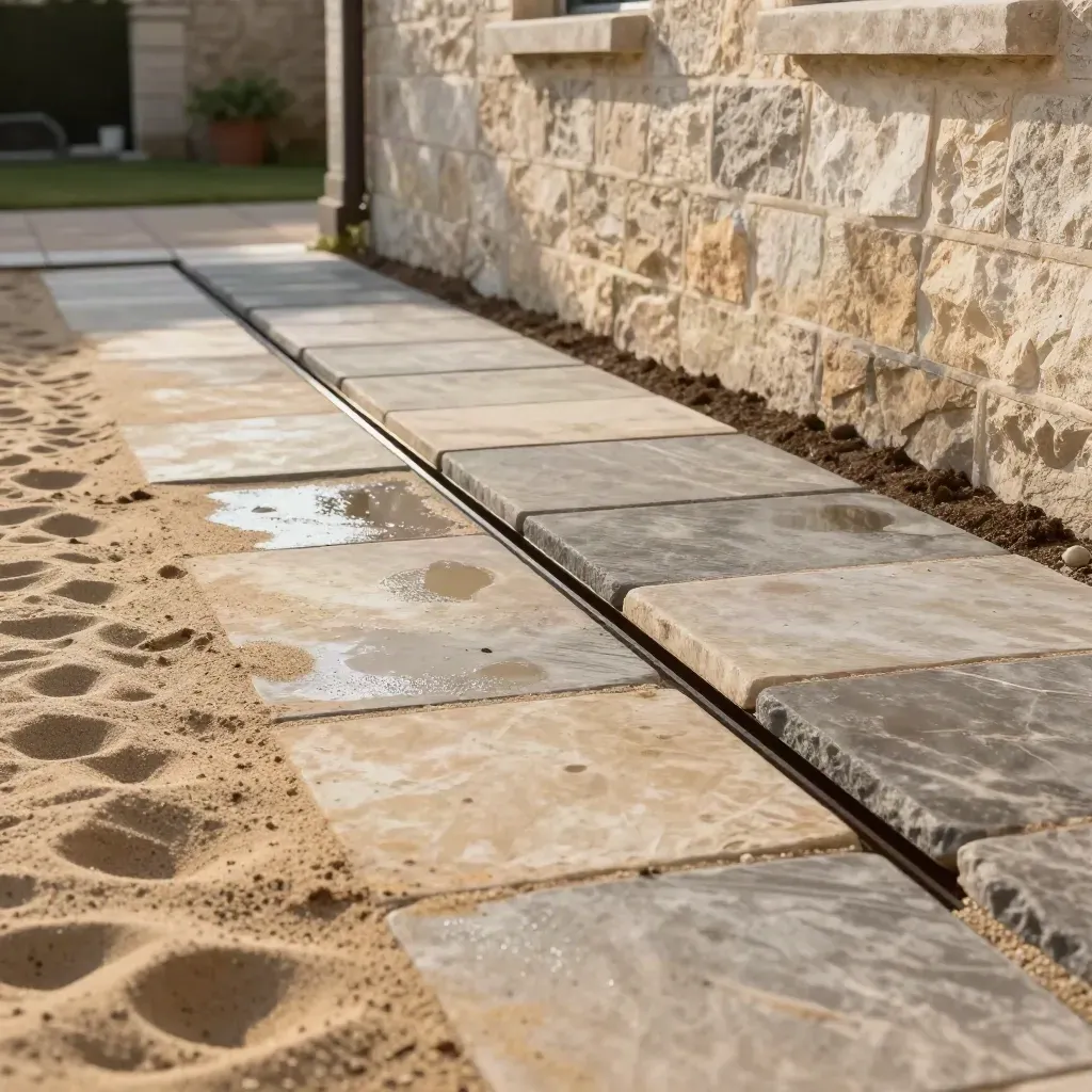 Cour pavée assainie avec drainage discret et terre remise à niveau, lumière de fin d’après-midi.