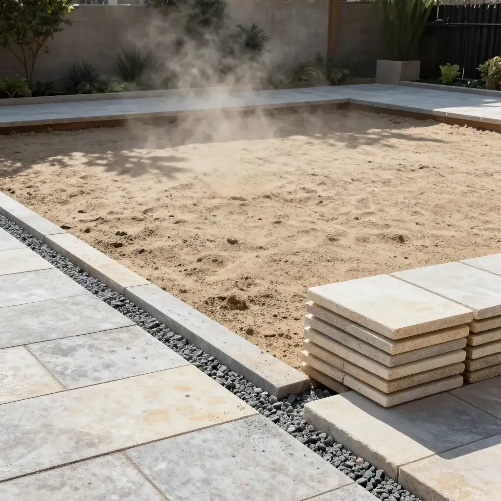 Terrasse en préparation avec sable tiré à plat, dalles empilées et bordures nettes dans une cour.