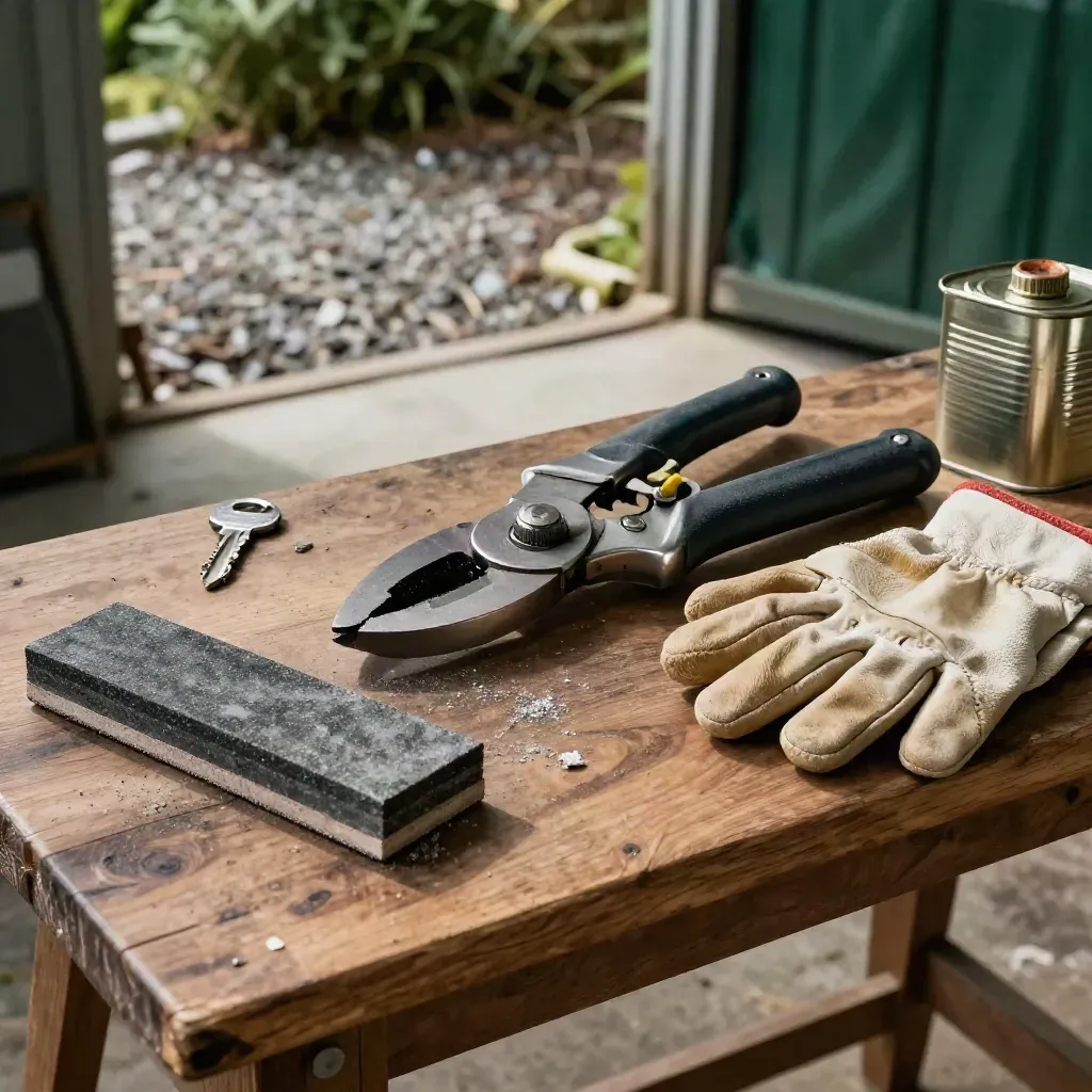 Sécateur, pierre à affûter, gants et huile sur un établi de jardin sombre.