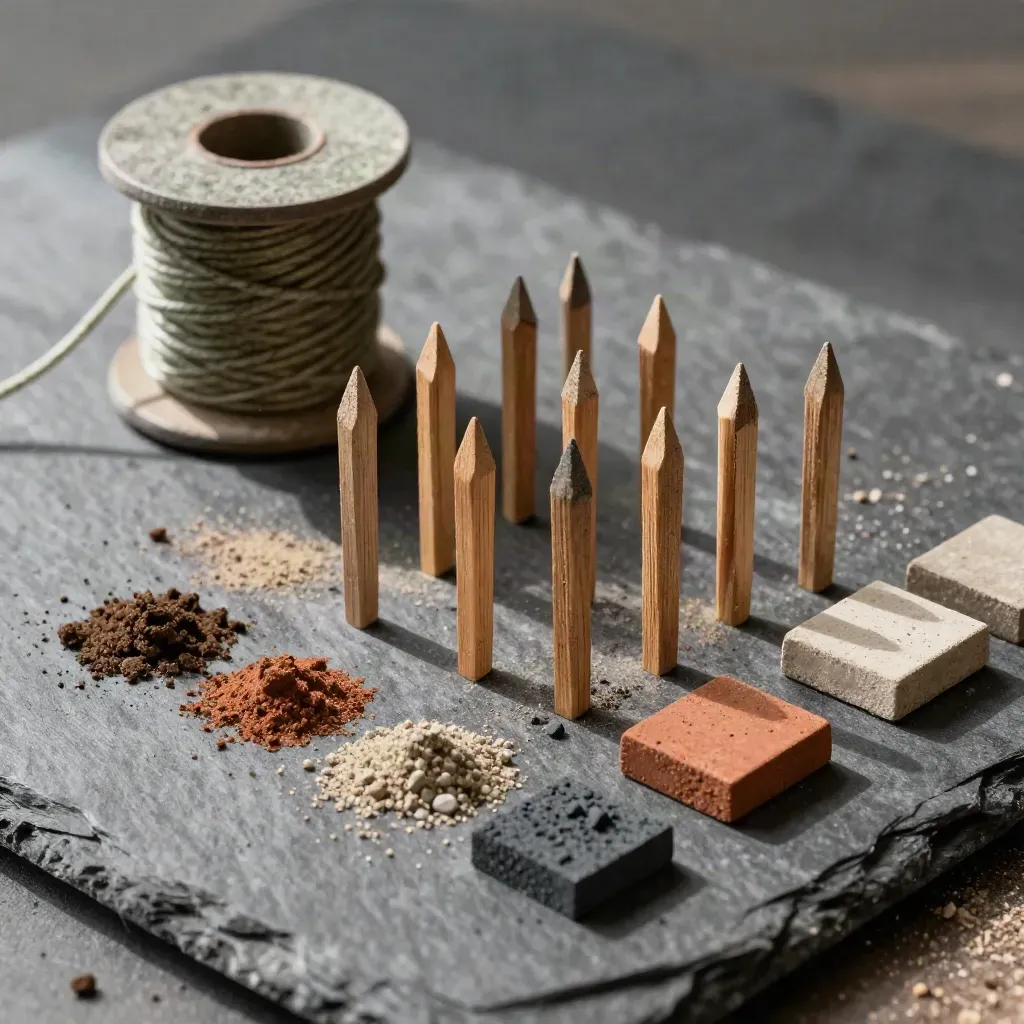 Piquets miniatures, cordeau, jetons colorés et blocs matériaux sur planche de chantier.