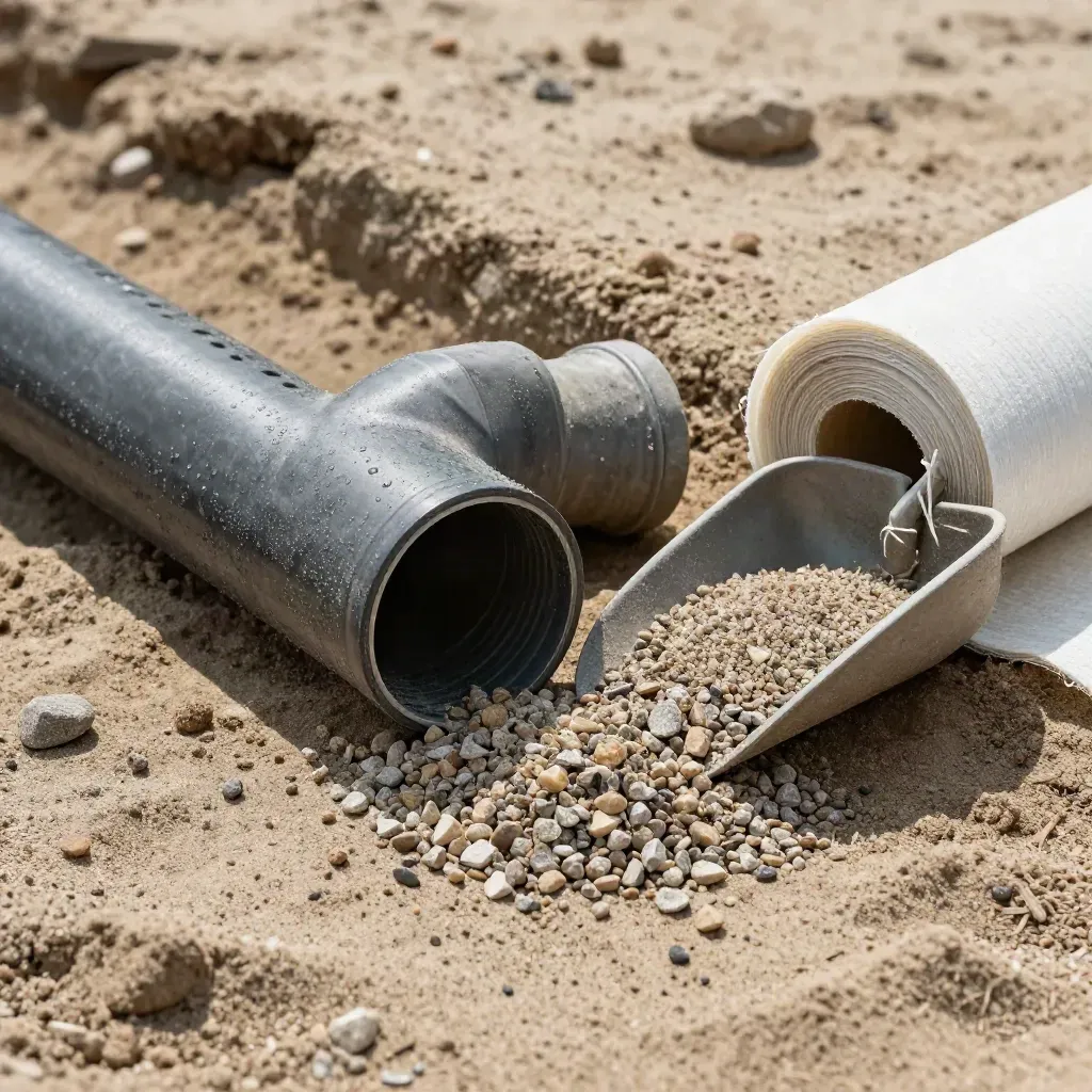 Kit de drainage avec tuyau perforé, gravier et géotextile sur sable humide.