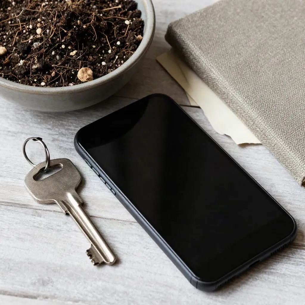 Vue zénithale d’un smartphone, d’une clé de portail et de terre dans un carnet en toile sur bois clair.