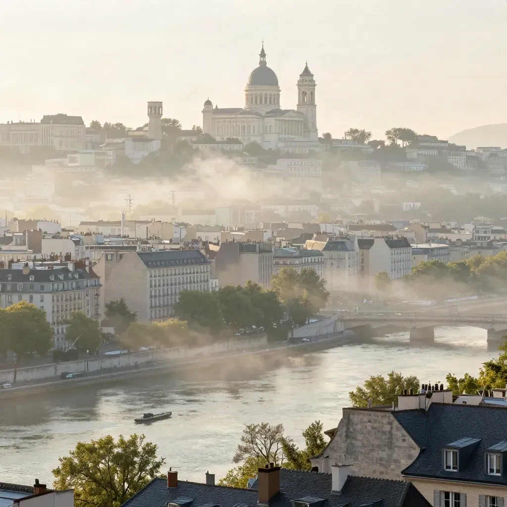 Vue aérienne de Lyon à l’aube, Fourvière dans la brume au-dessus de la Saône.