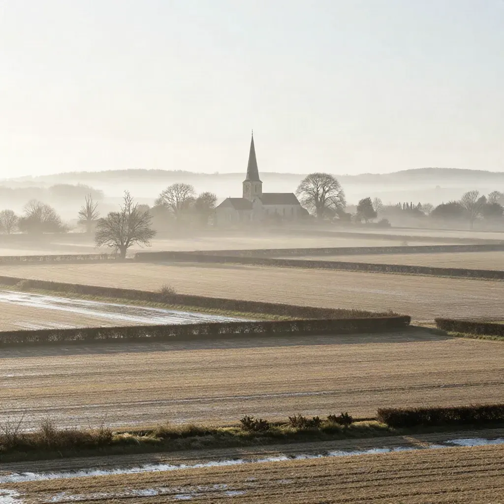 Plaine de Bresse brumeuse avec clocher lointain et champs plats pour le Nord de l’Ain.