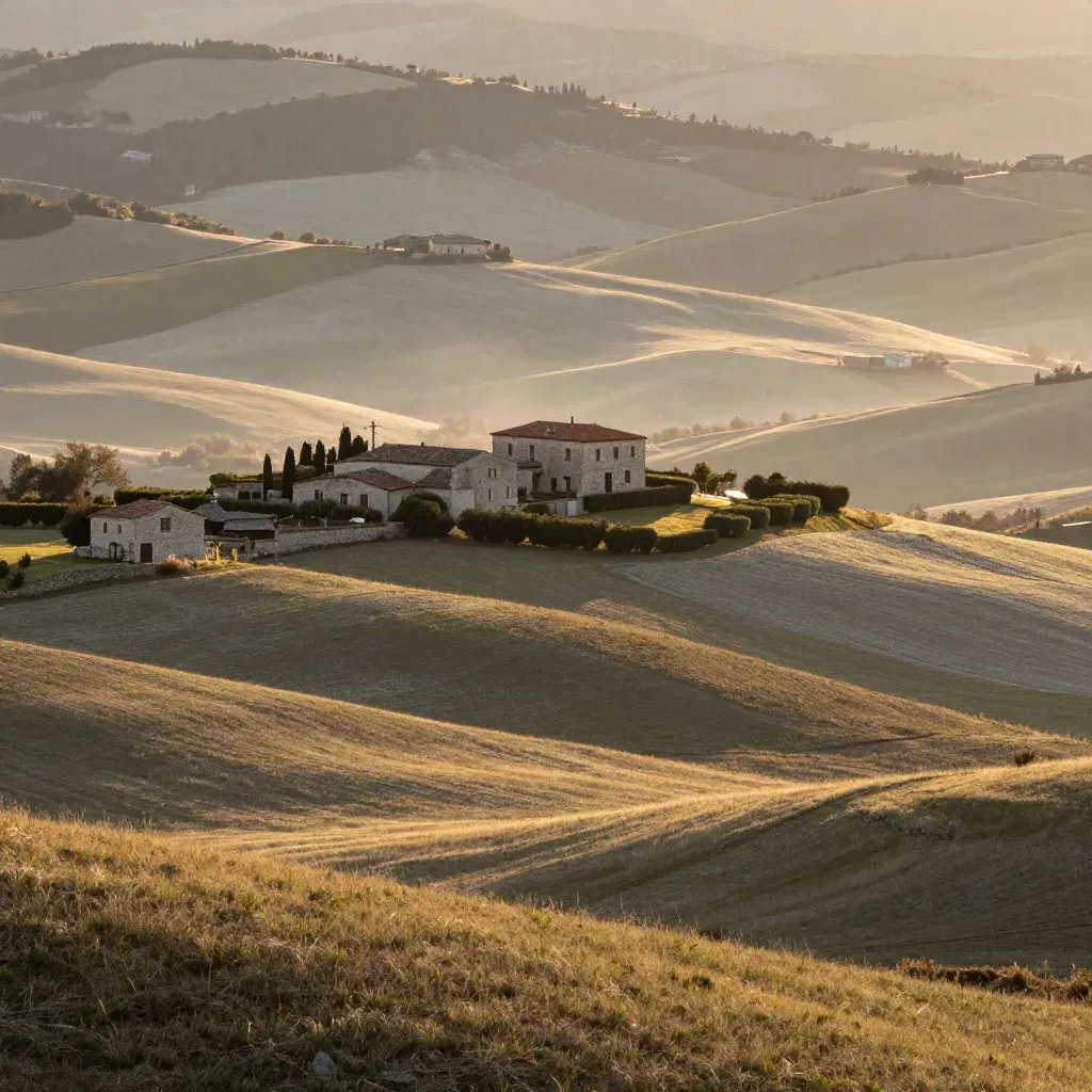 Vue aérienne de Nord Isère, collines douces, fermes en pierre et lumière dorée.
