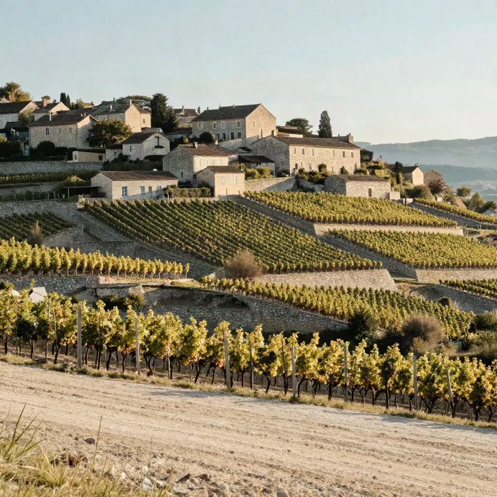 Coteaux viticoles du Beaujolais, murets de pierre et villages blonds dans une lumière dorée.