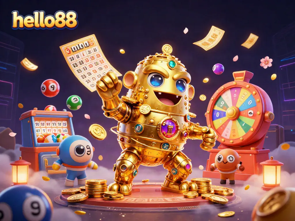 Experience winning at hello88 with a dynamic scene of a golden golem surrounded by colorful lottery elements.
