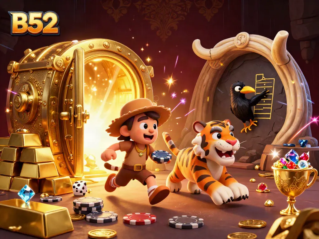 B52 brings thrill to gamers in a vibrant prehistoric casino scene filled with treasures.