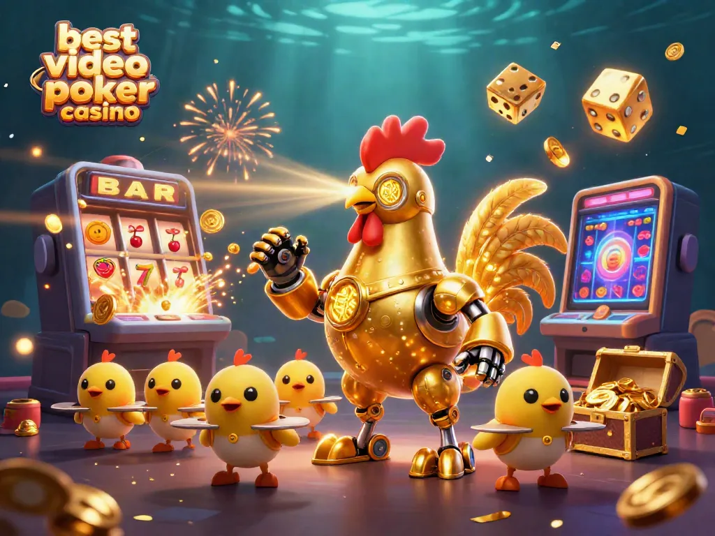 Engage with the best video poker casino in a vibrant 3D illustration featuring dynamic characters and gaming elements.