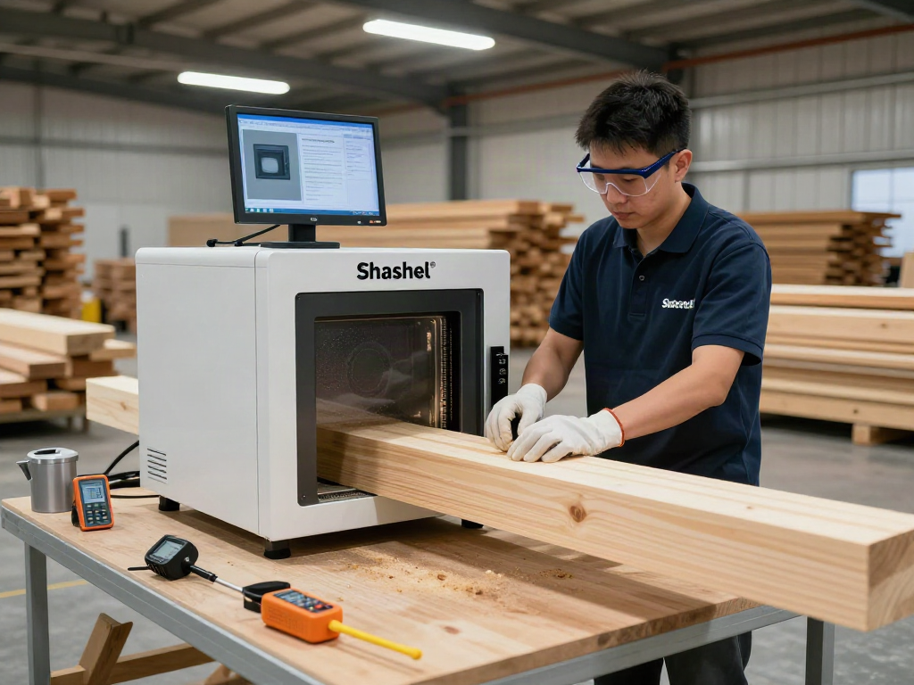 Traitement du bois avec Shashel® dans un entrepôt, opérateur utilisant un dispositif de micro-ondes.