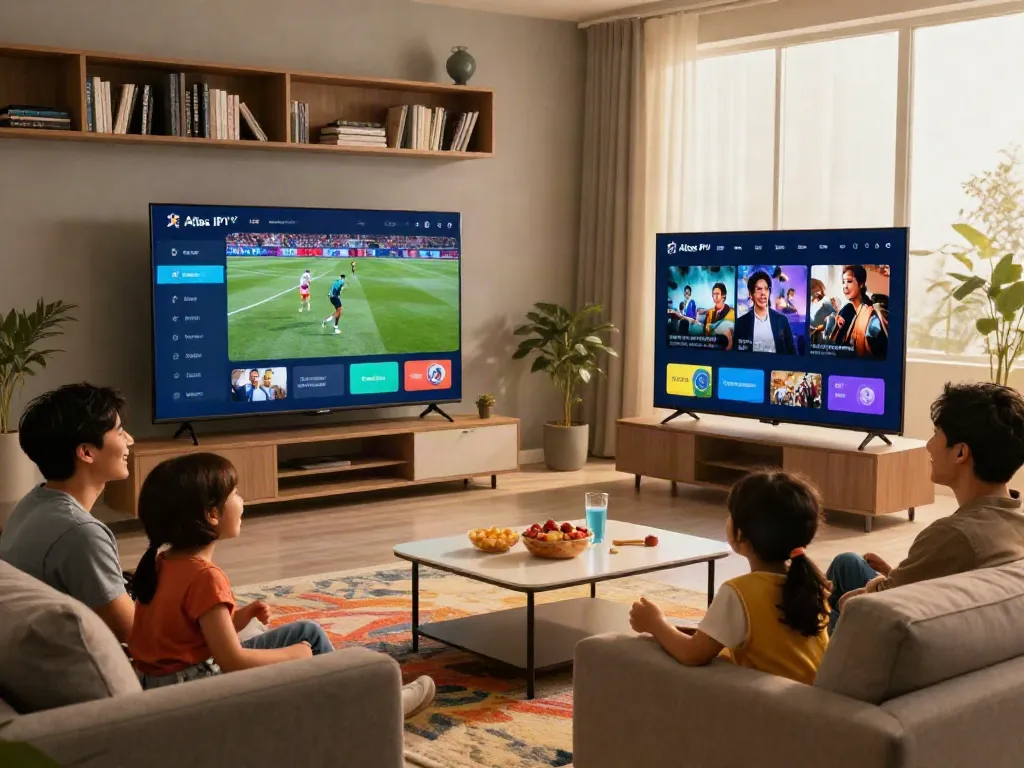 Profitez de l'expérience de visionnage avec Atlas Pro IPTV dans un salon moderne avec une famille heureuse.