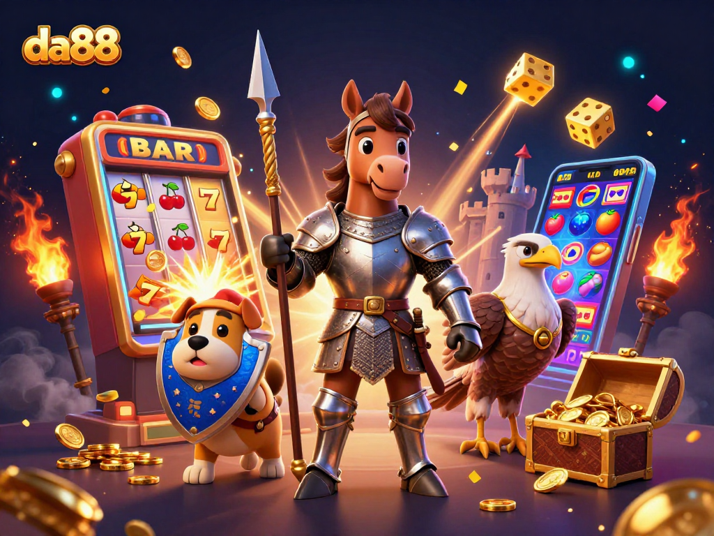 Spin to win at da88 with a knight, squire, and falcon in vibrant casino action.