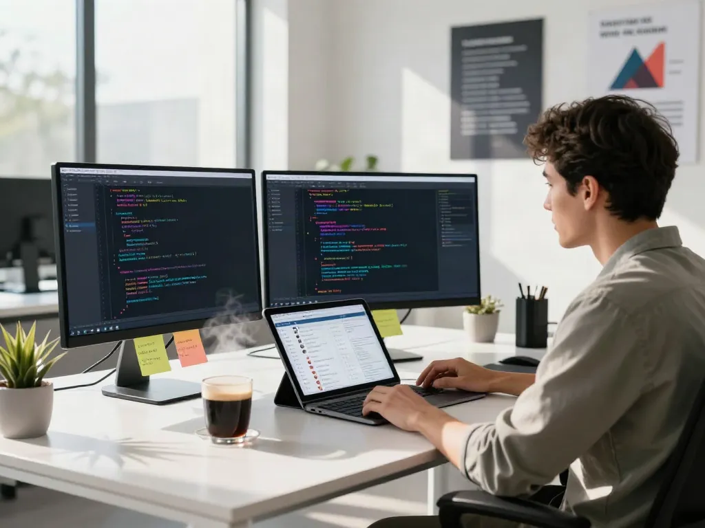 Developer coding an uncensored AI chat application in a modern workspace.