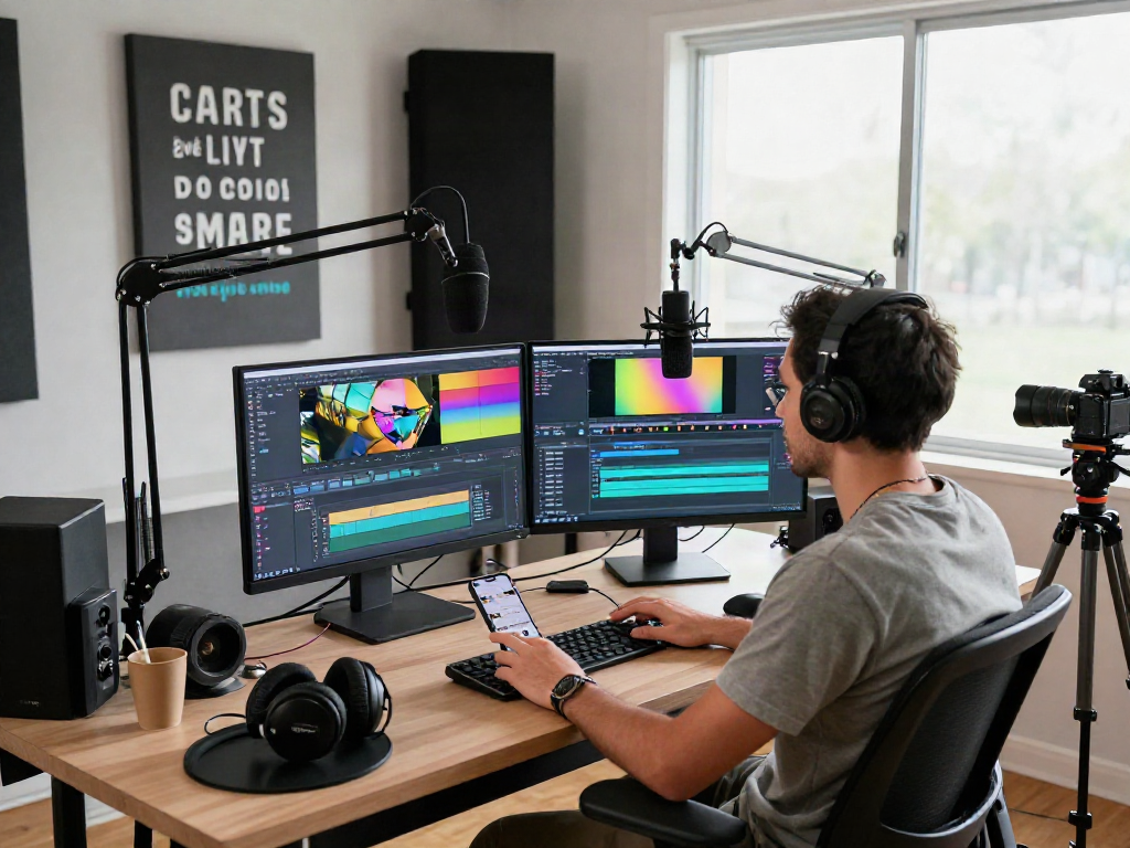Content creator in modern studio editing video for Iron tv pro.