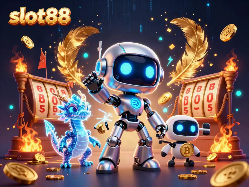 Experience the excitement of slot88 with a cyberpunk robot and holographic dragon in a dynamic casino scene.